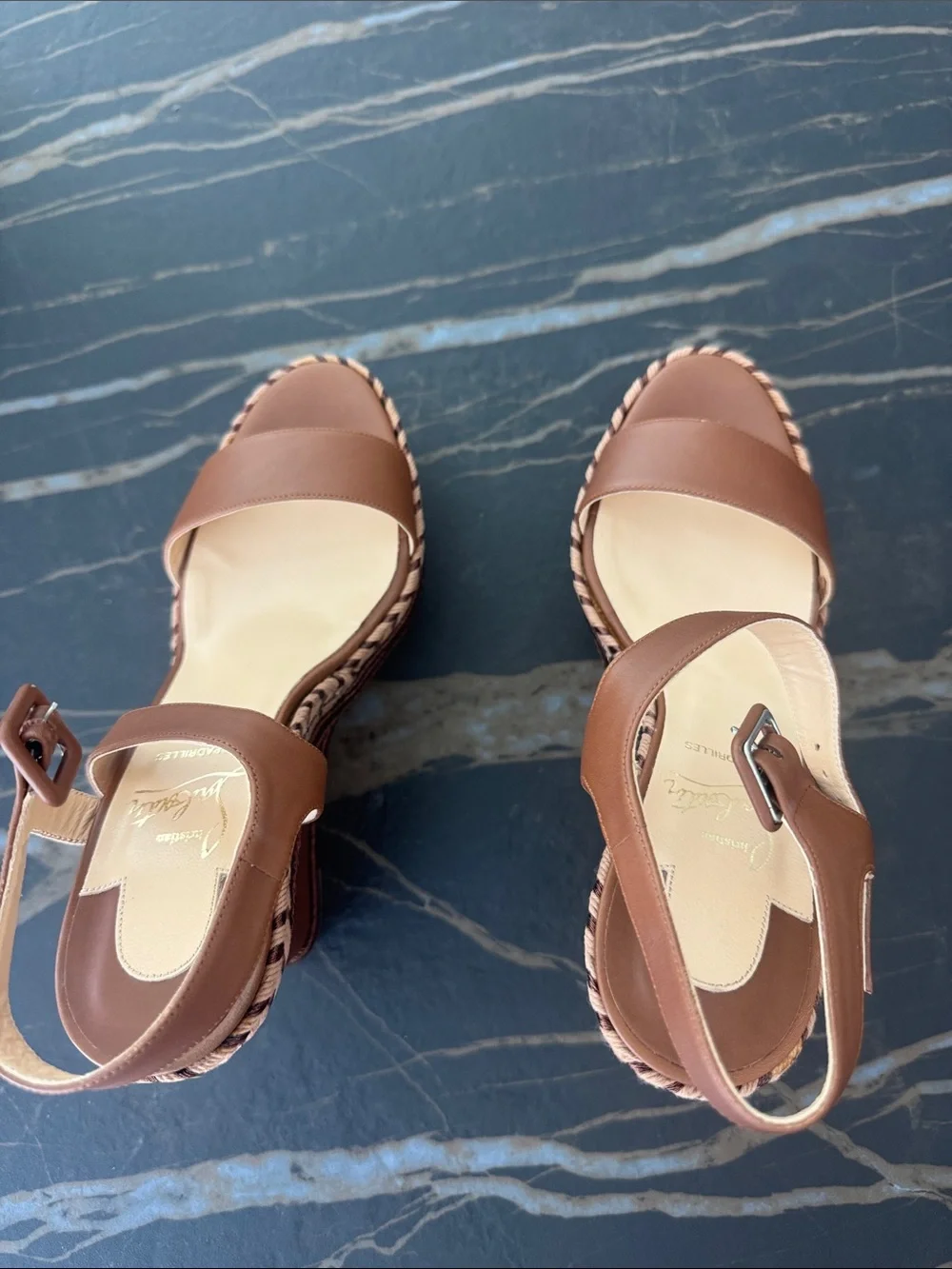 Christian Louboutin Brown Leather Braided Platform Wedge Sandals